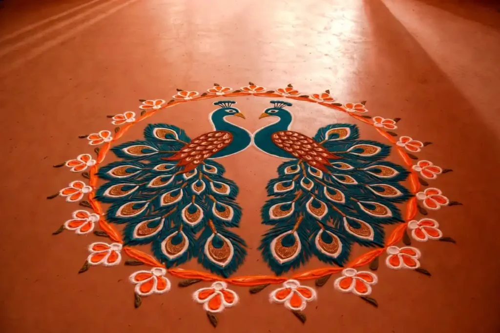 Easy two-peacock rangoli design with symmetrical tail fans and floral border in teal and orange