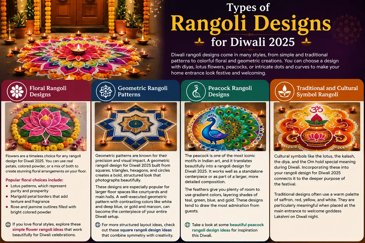 Types of Rangoli Designs for Diwali 2025 featuring floral, geometric, peacock, and traditional cultural patterns