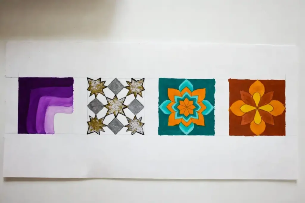 unique rangoli design showing four distinct color palette approaches including gradient, monochrome, complementary, and earthy tones