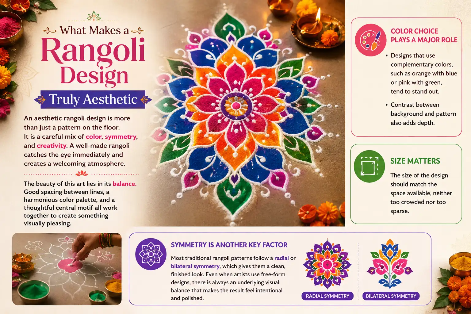 What makes a rangoli design truly aesthetic, showing color harmony, symmetry, balanced spacing, creativity, and complementary colors