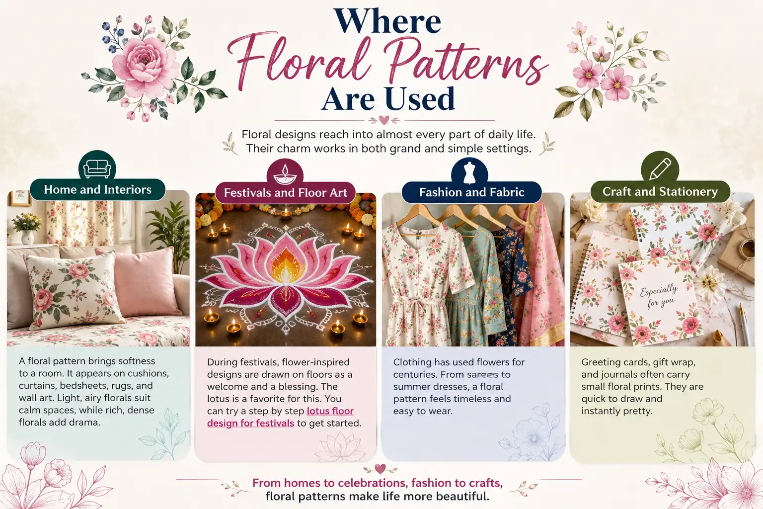 Infographic showing where floral patterns are used in home interiors, festival floor art, fashion and fabric, and crafts and stationery.