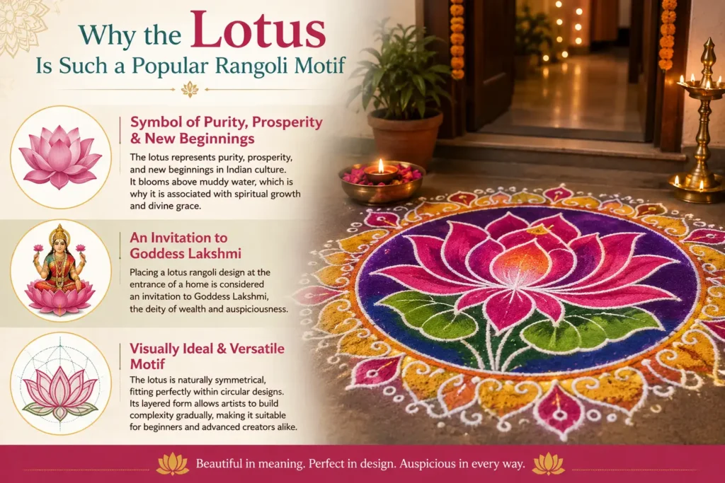 Lotus rangoli design symbolizing purity, prosperity, and new beginnings at a home entrance
