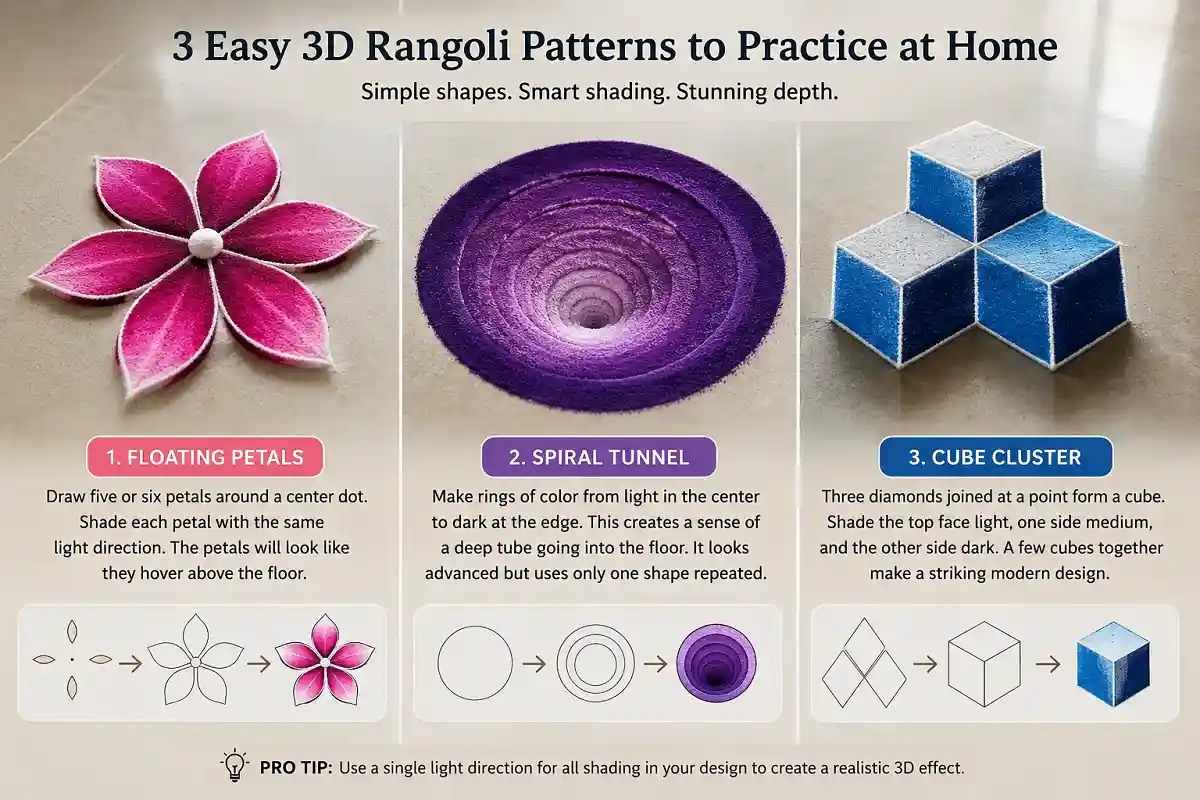 Three easy 3D rangoli patterns featuring floating petals, a spiral tunnel, and cube clusters