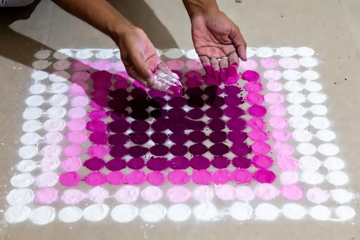 Step by step dot grid used to create a raised rangoli pattern