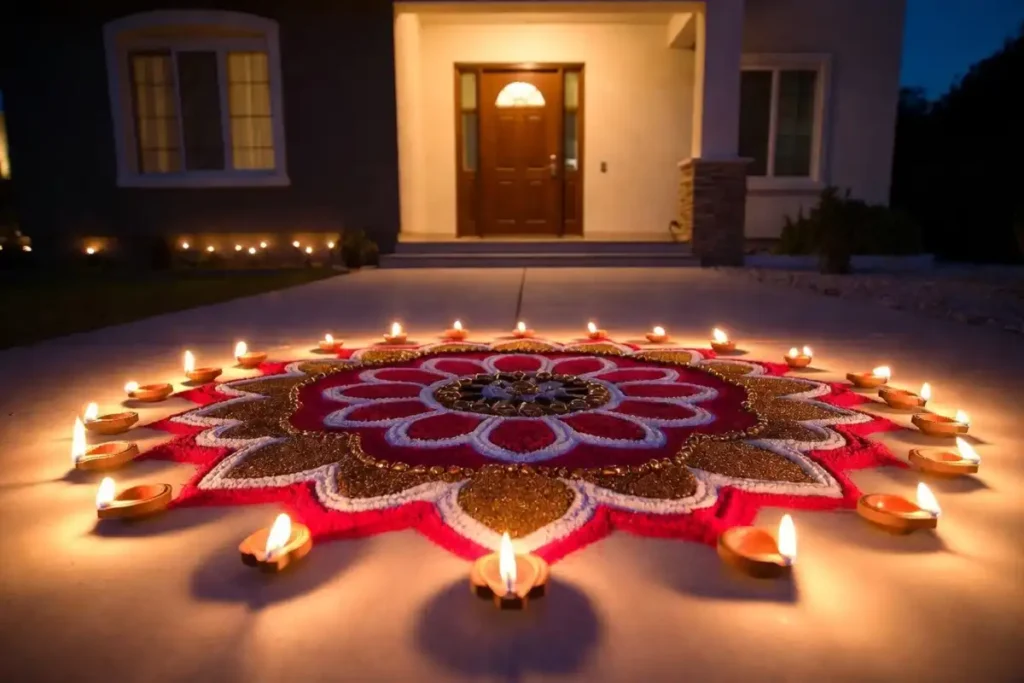 A completed 3D rangoli design placed near a home entrance with diyas and warm festive lighting