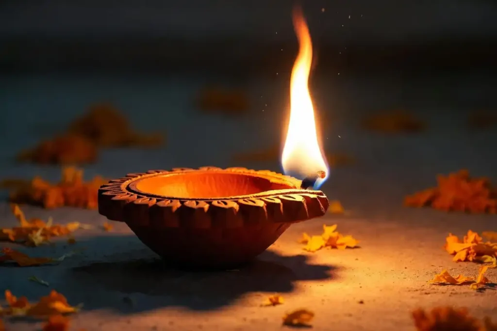 Festive 3D rangoli design of a glowing diya rising from the floor