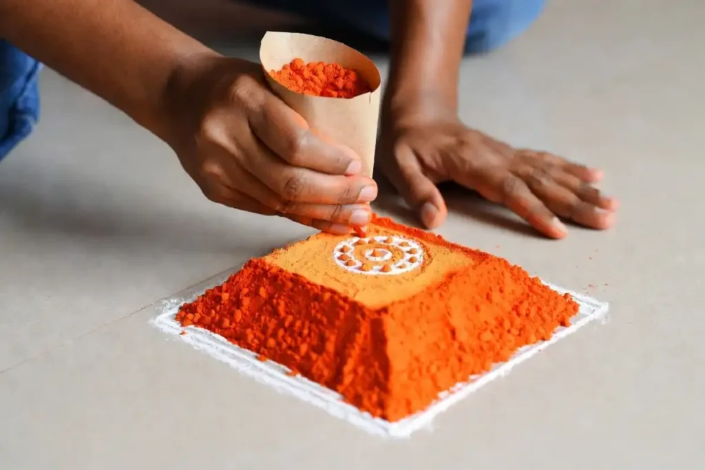 Step-by-step 3D rangoli design showing chalk outline and shading