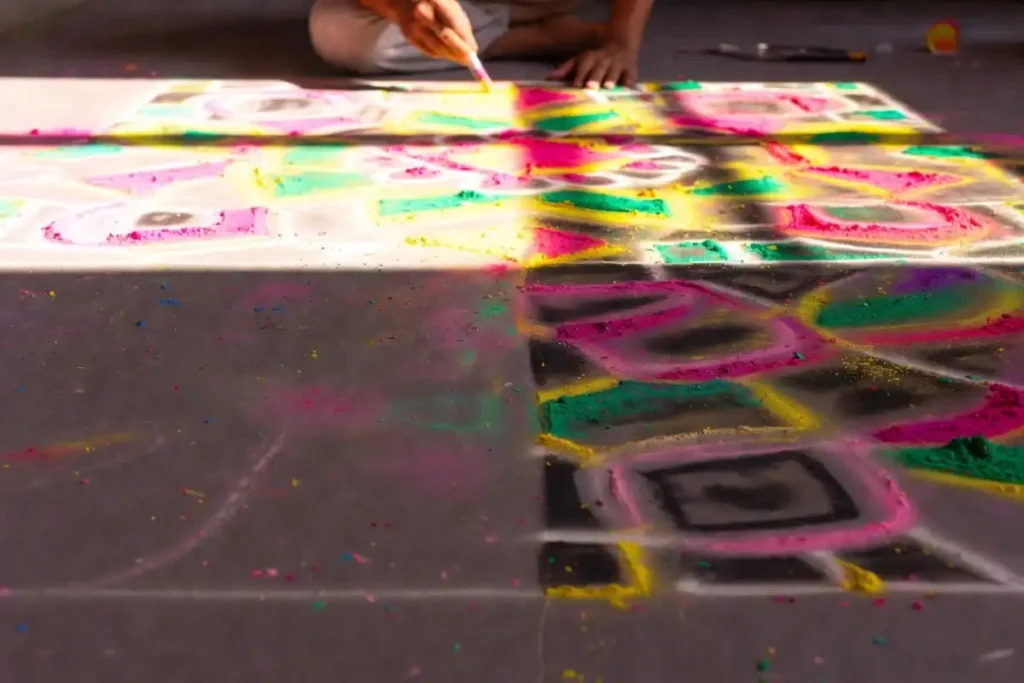 Step by step shading for easy 3D rangoli with colors on a floor
