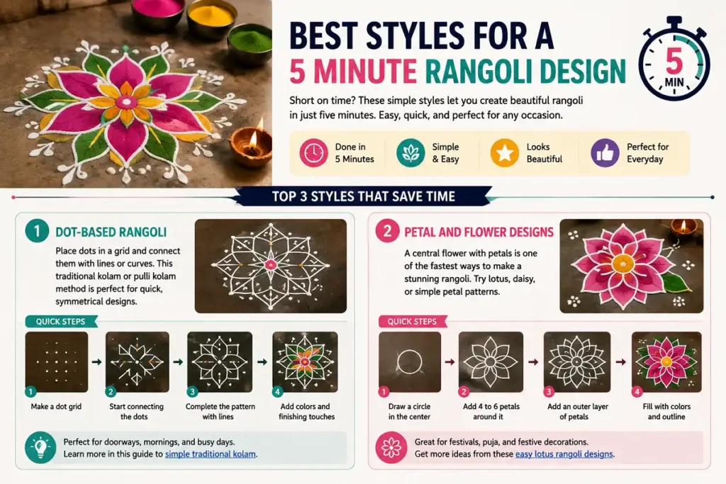 Modern infographic showing quick dot based and flower rangoli styles for beginners