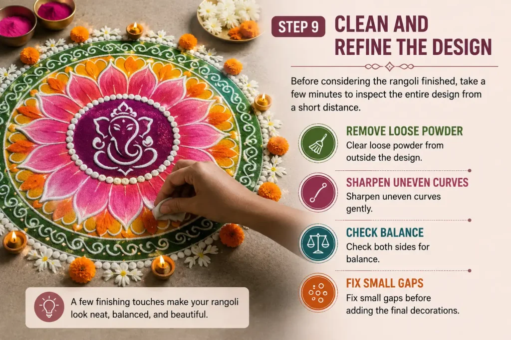 Making a rangoli showing how to clean loose powder, sharpen curves, check balance, and fix small gaps for a neat finished design.