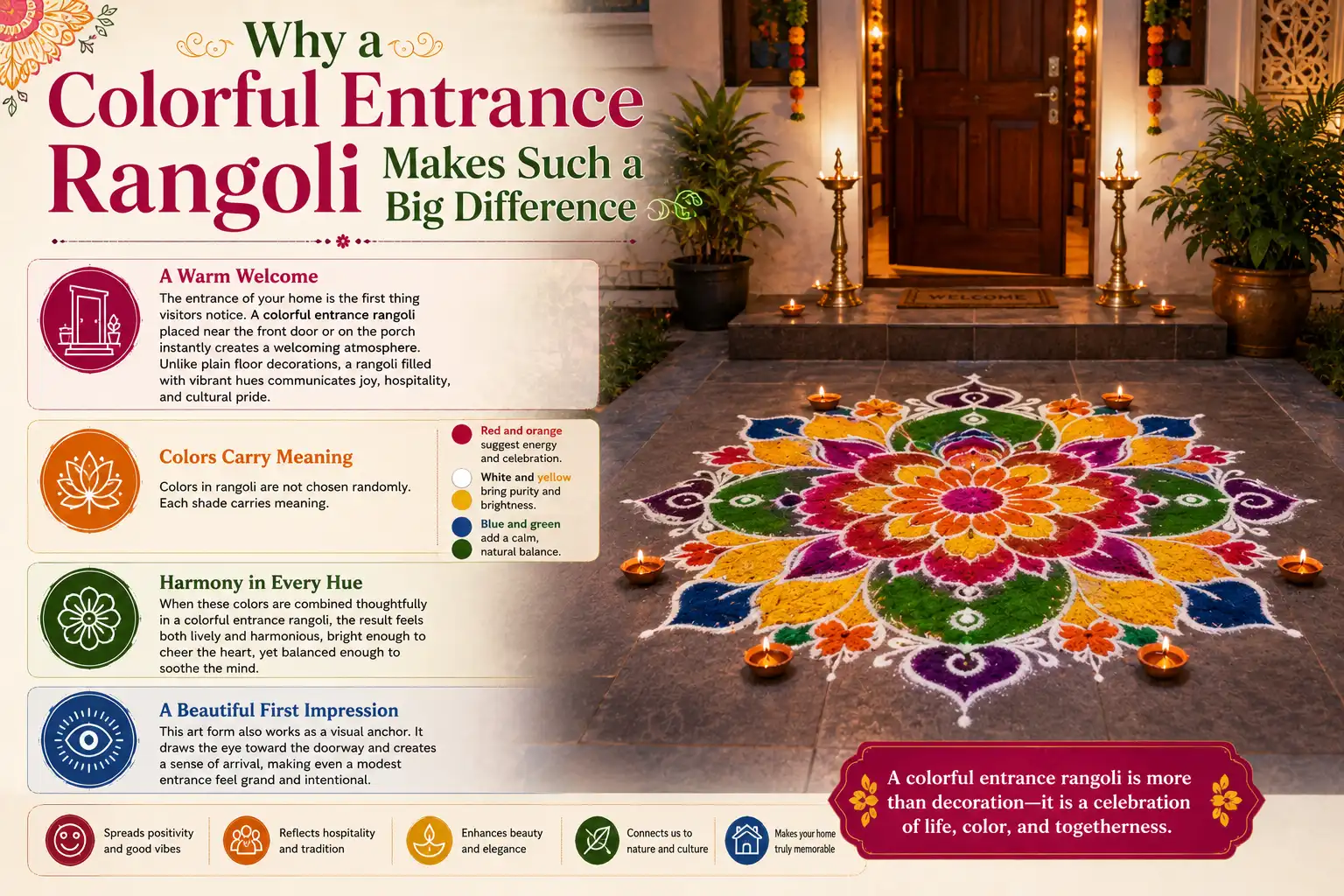 Vibrant colorful rangoli at a warmly decorated home entrance, surrounded by diyas and plants, with infographic highlights about welcome, color meanings, harmony, and cultural pride.