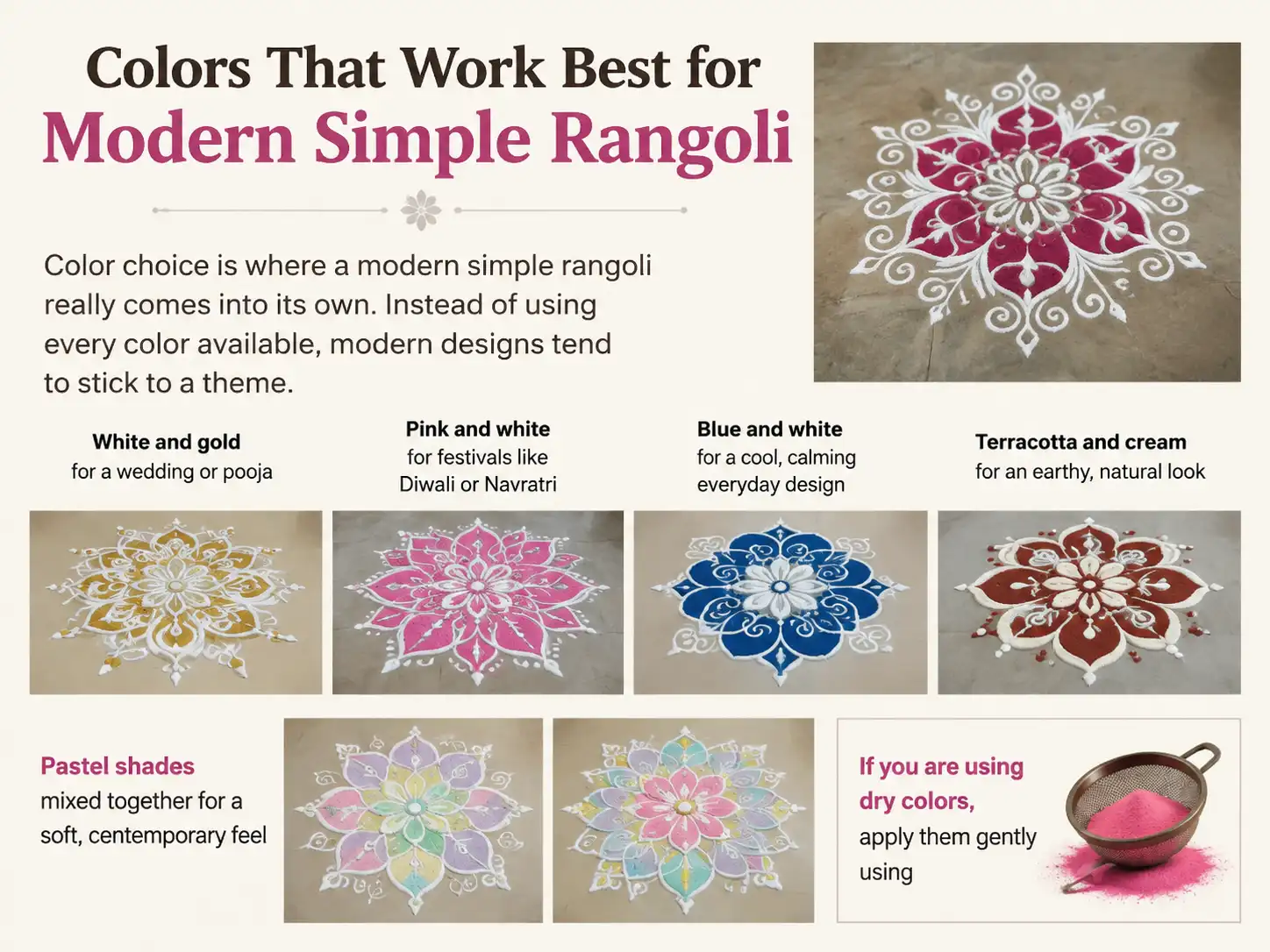 Color combinations and styling ideas for modern simple rangoli