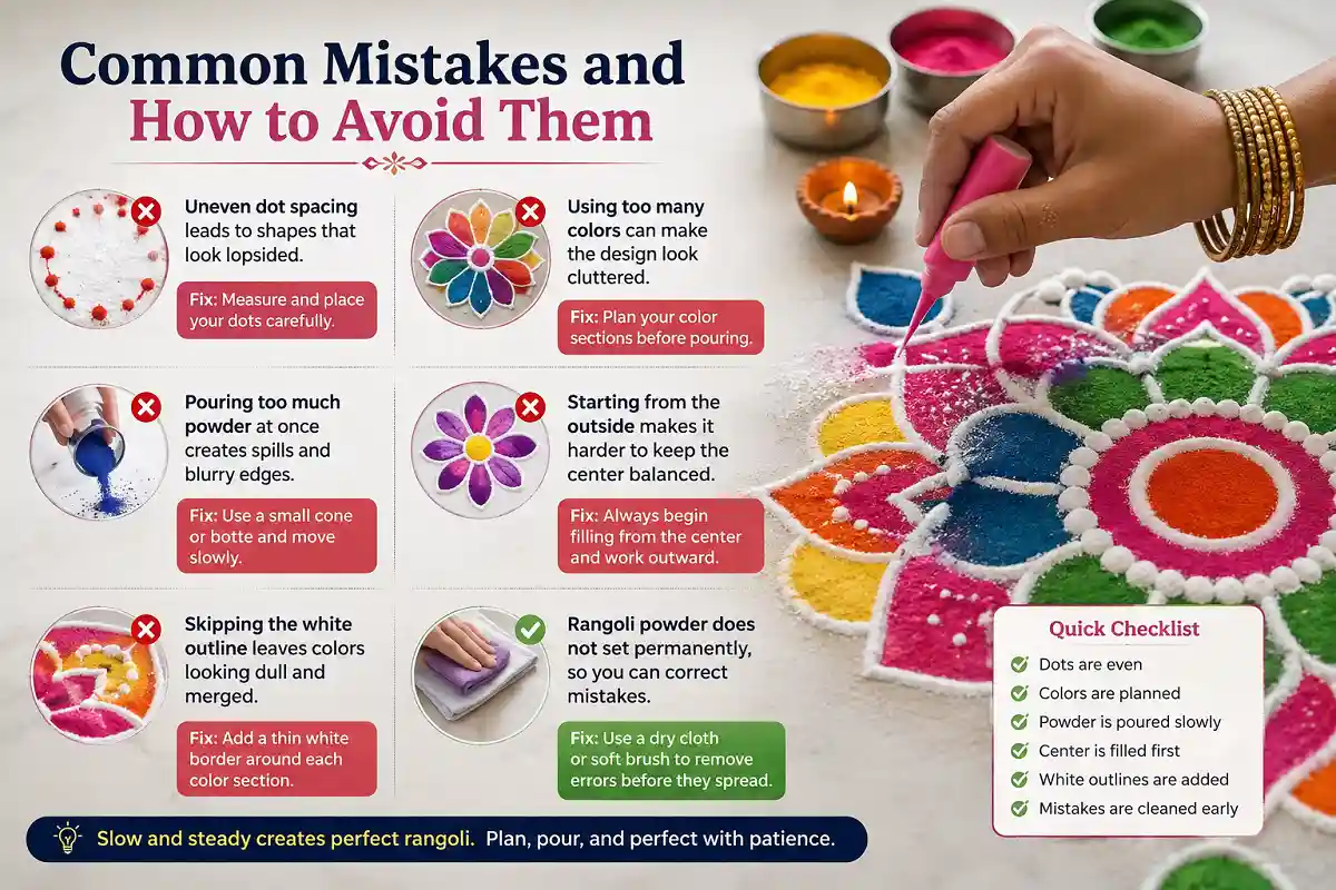 Mixed photographic and infographic guide showing common rangoli powder mistakes and tips for even dots, planned colors, controlled powder pouring, balanced center filling, white outlines, and correcting errors.