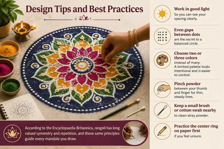 Beginner mandala rangoli design tips for spacing, colors, and clean lines