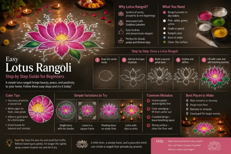 Easy lotus rangoli with step by step drawing, colors, variations, and beginner tips.