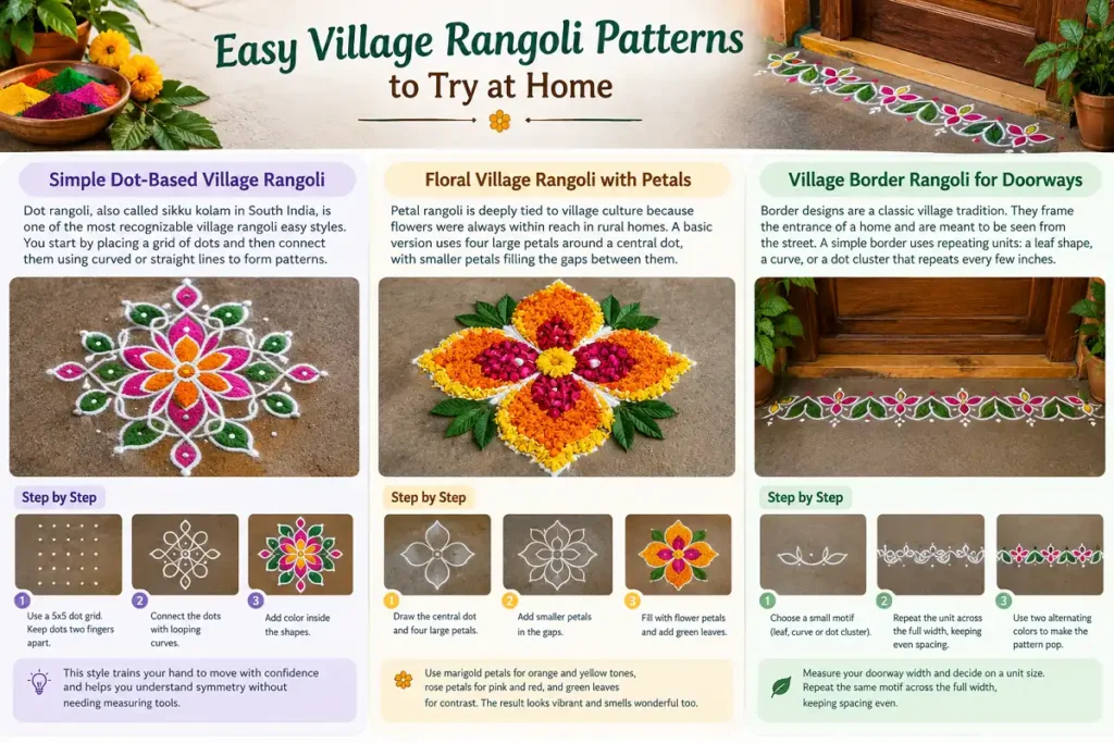 Easy village rangoli patterns with dot, floral, and doorway border designs