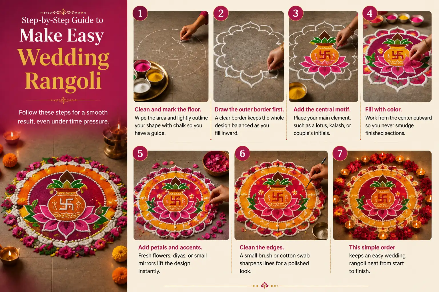 Step-by-step infographic showing how to make an easy wedding rangoli design