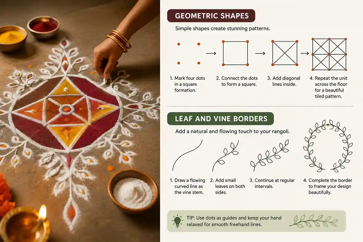 Geometric shapes and leaf vine border rangoli freehand guide