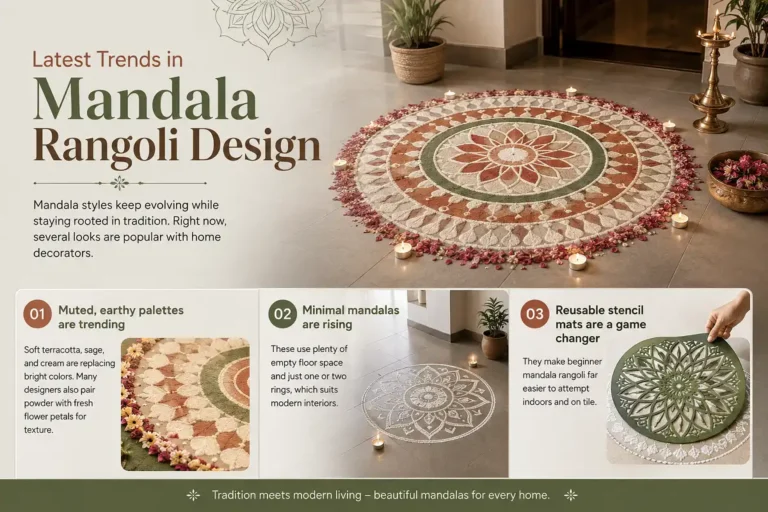 Modern mandala rangoli trends with earthy colors, flowers, and minimal patterns