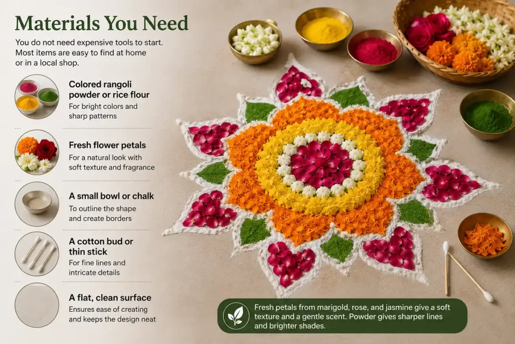 Rangoli materials including colored powder, flower petals, bowl, cotton buds, and clean surface