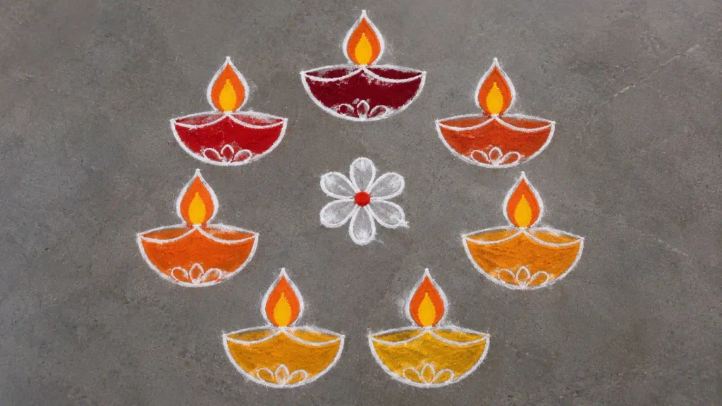 Multiple diya arrangement rangoli design ideas for festivals