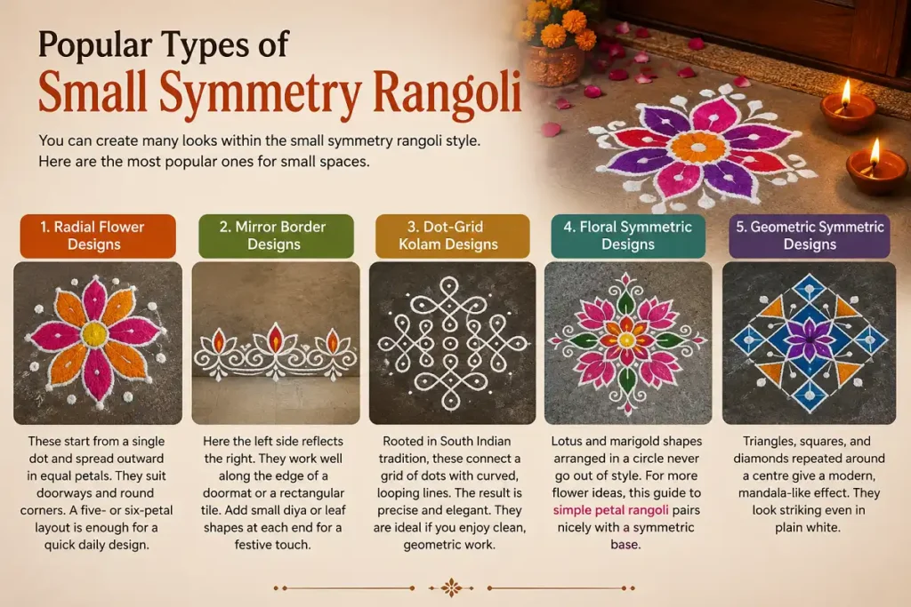 Popular types of small symmetry rangoli designs