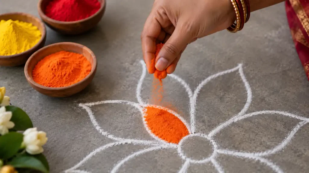 Hand pinching colored rangoli powder to fill in a chalk-outlined flower design on the floor