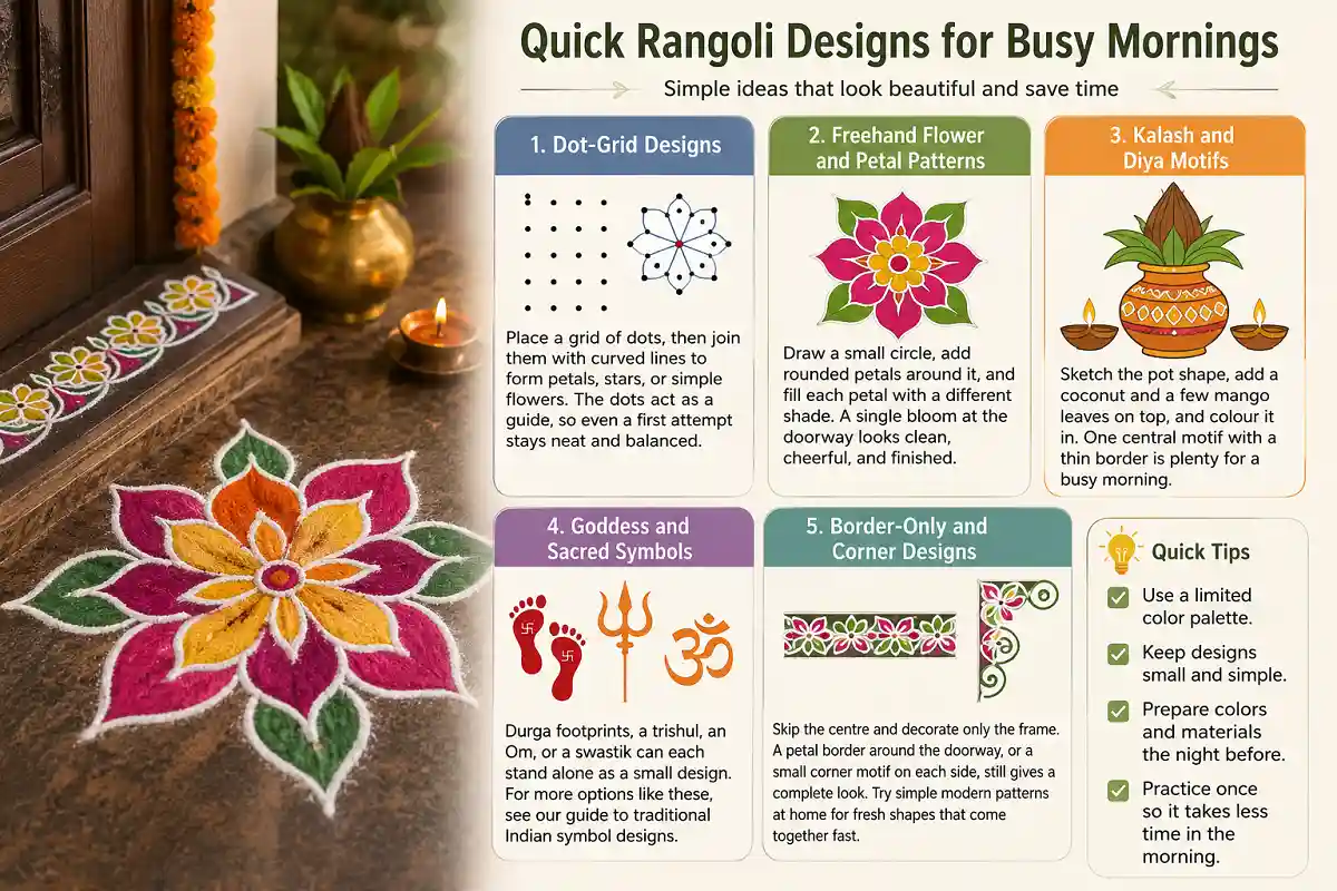Quick rangoli design ideas for busy mornings, including flower, diya, kalash, sacred symbols, and border designs