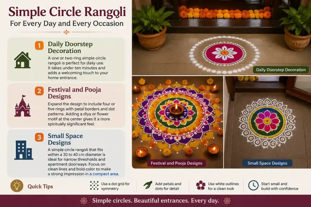 Mixed photographic and infographic image showing simple circle rangoli designs for daily doorstep decoration, festivals and pooja, and small spaces.