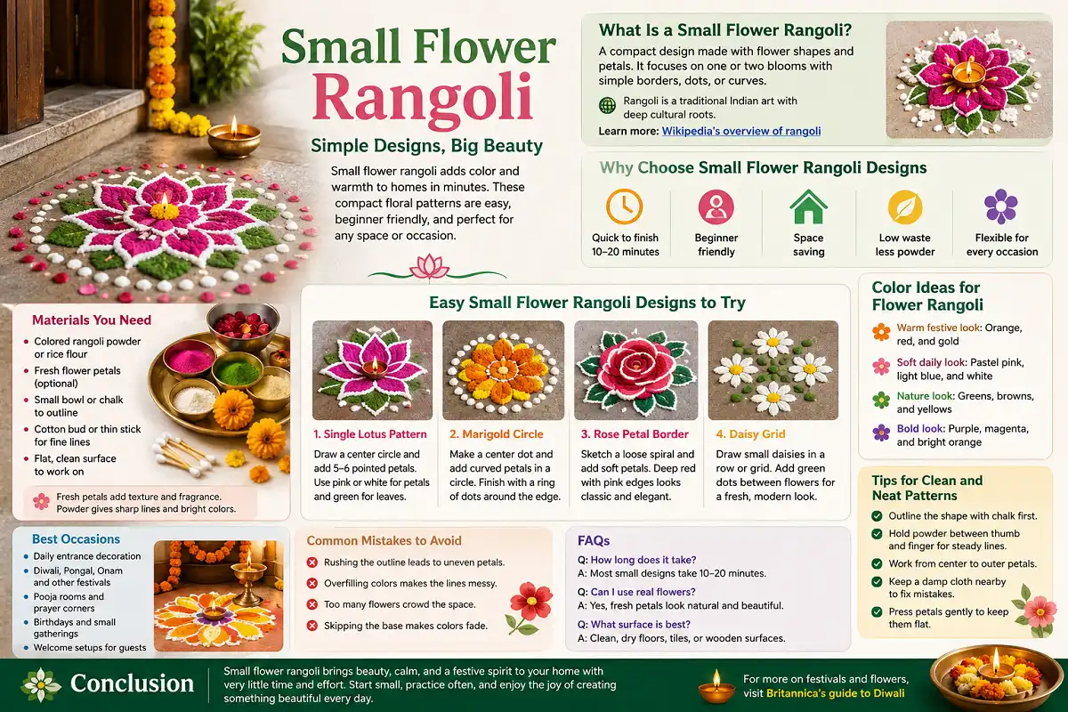 Small flower rangoli designs with lotus, marigold, rose, and daisy patterns.