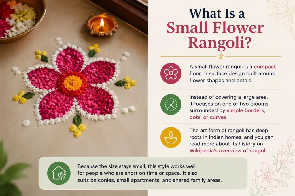 Small flower rangoli with colorful petals, simple borders, and a diya