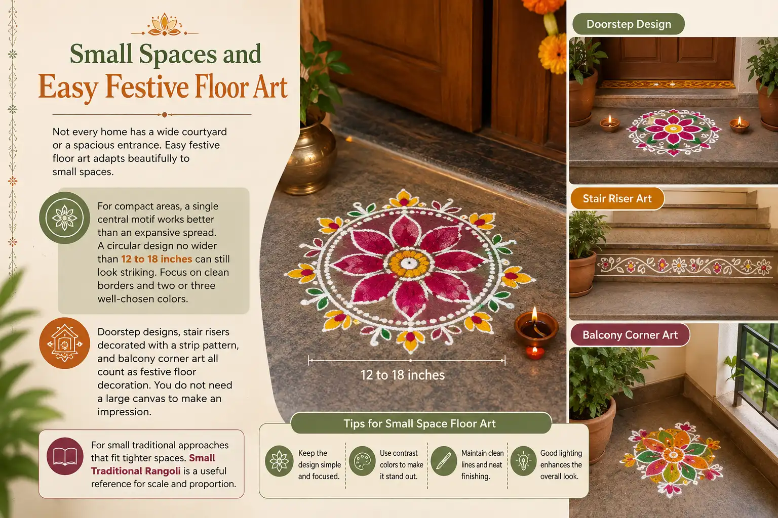 Small space festive floor art with colorful rangoli designs for doorsteps and balconies