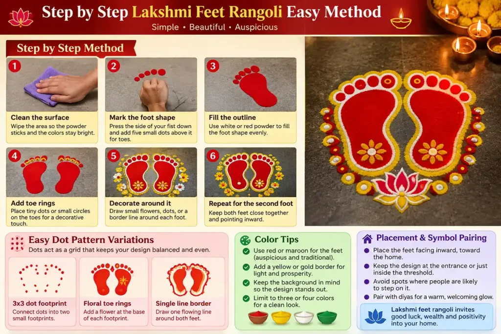 Step by step Lakshmi feet rangoli easy method