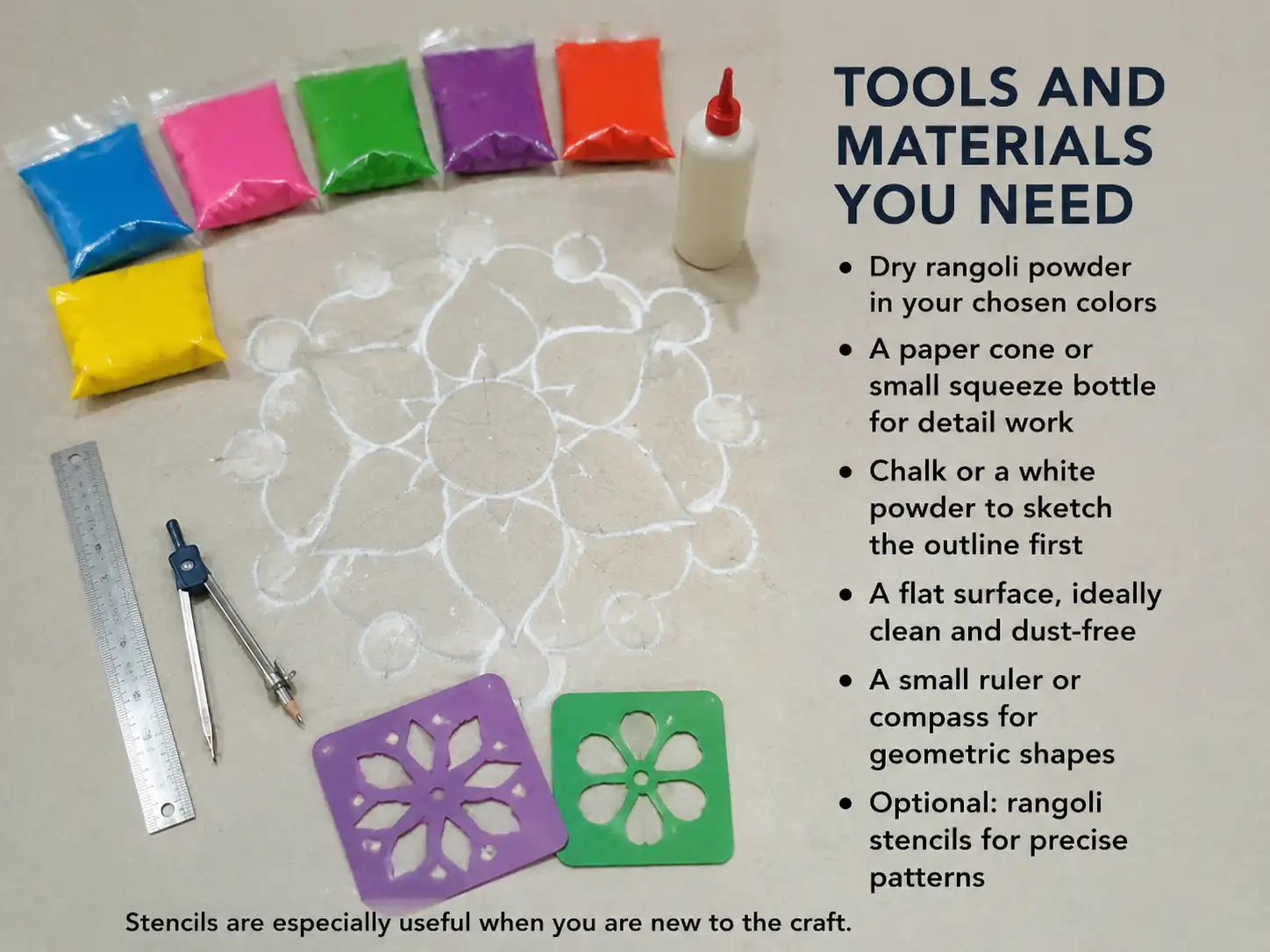 Tools and materials needed to make a modern simple rangoli