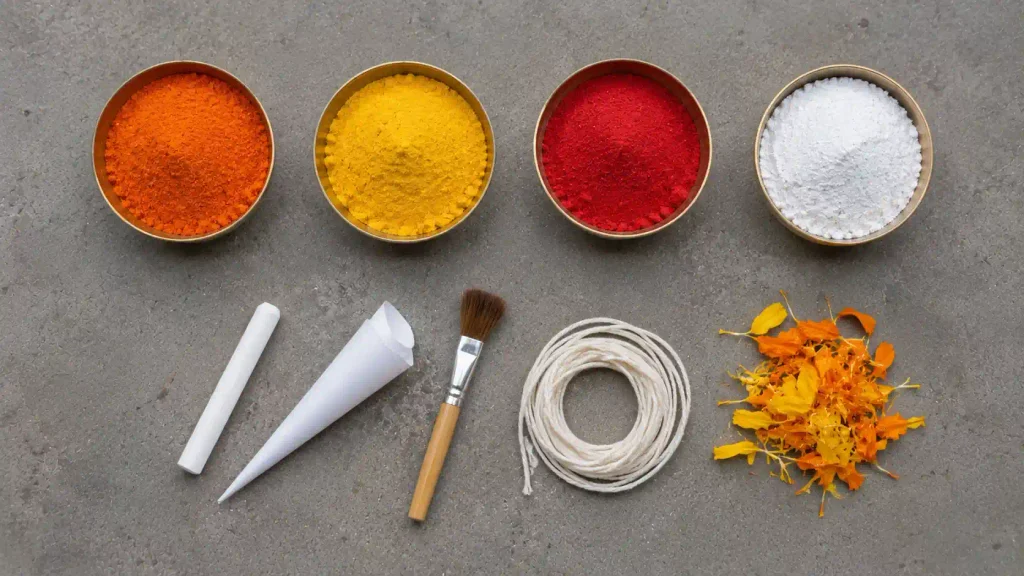 Tools and materials for a diya symbol rangoli design