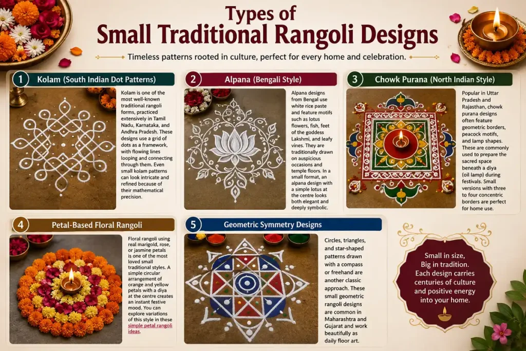 Five traditional small rangoli styles showing different cultural patterns