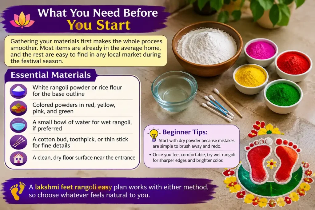 Materials and beginner tips for making a Lakshmi feet rangoli