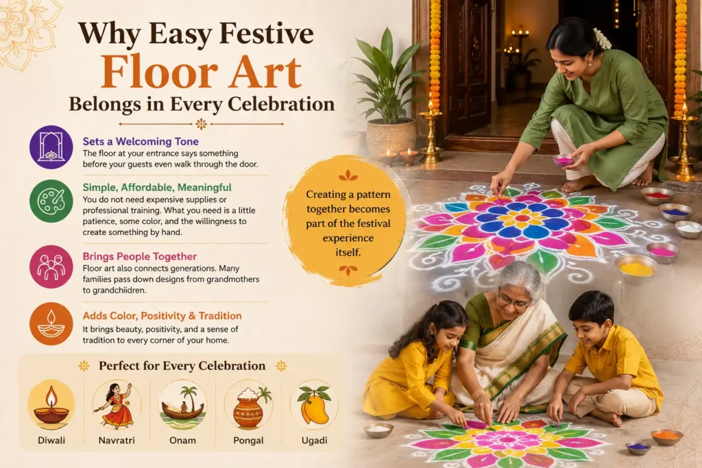 Easy festive floor art with colorful rangoli created for Indian celebrations