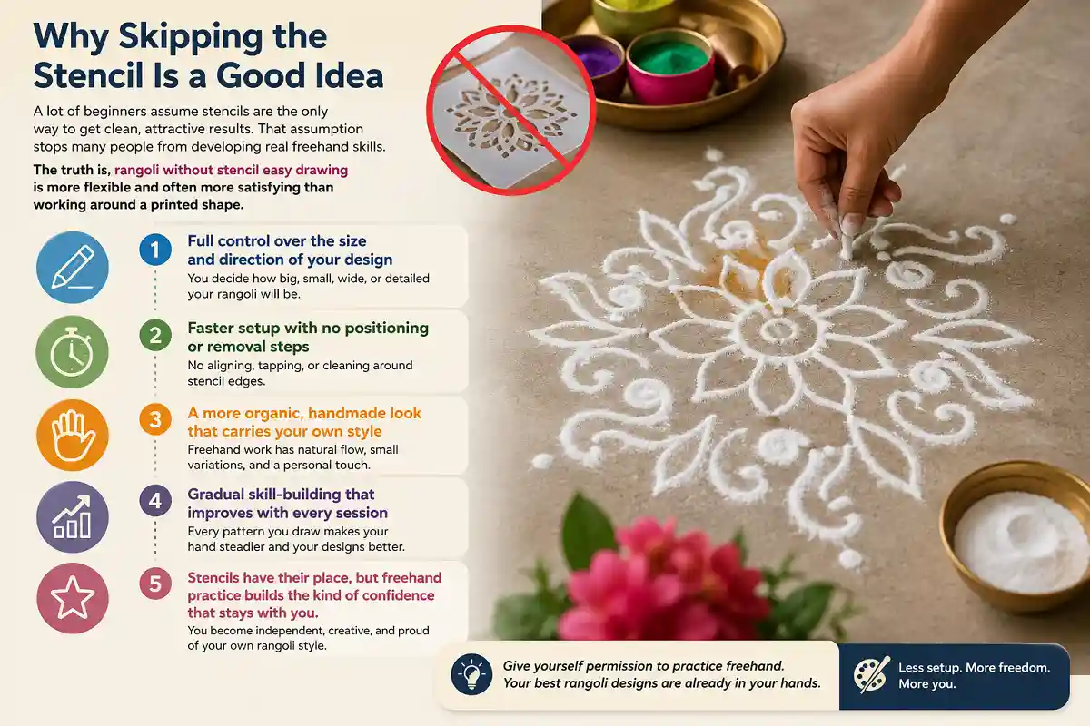 Freehand rangoli with infographic showing the benefits of skipping stencils