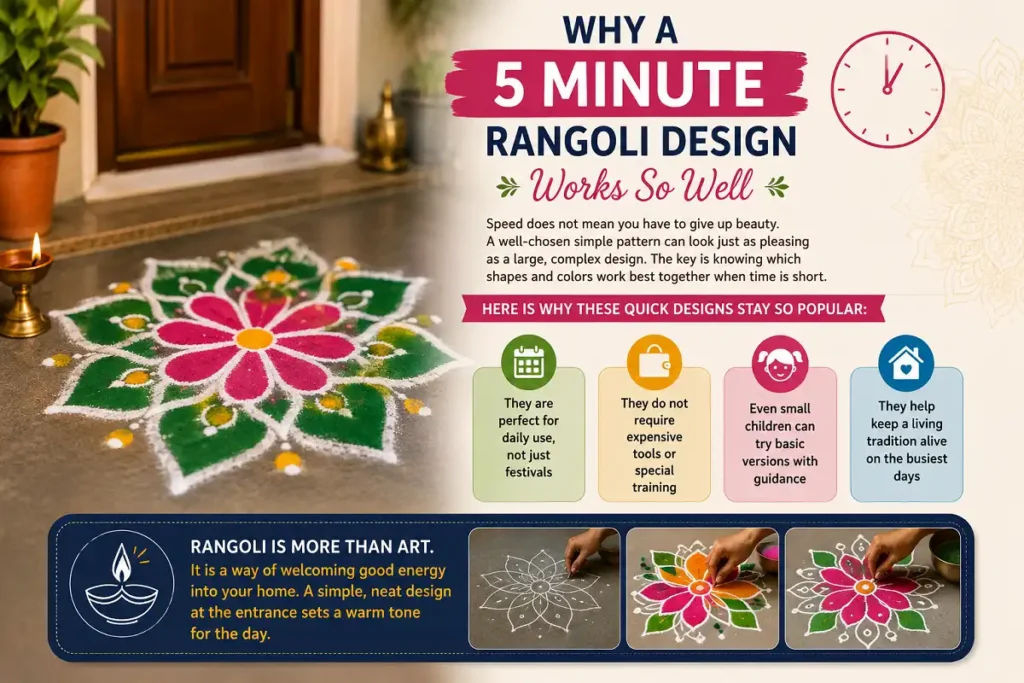 Modern infographic showing the benefits of creating a quick 5 minute rangoli design