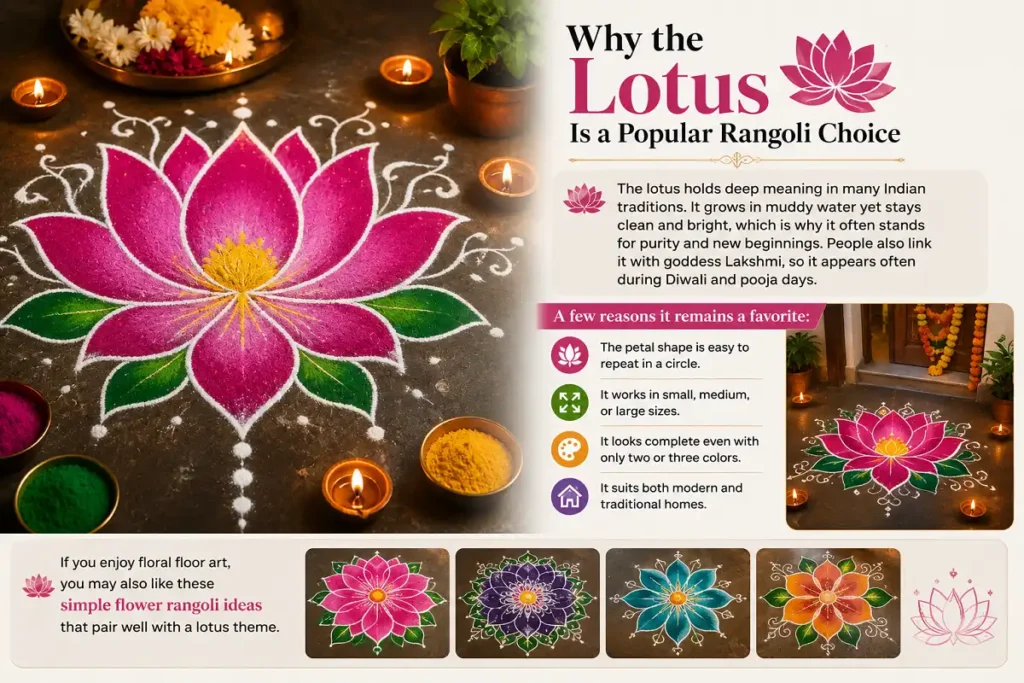 Lotus rangoli design showing its beauty, symbolism, and colorful floral patterns