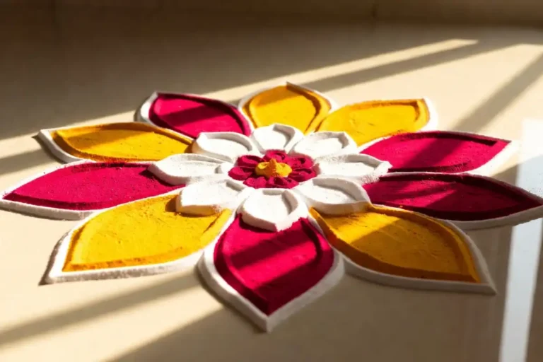 A colorful beginner 3D rangoli design with raised floral petals on a clean floor