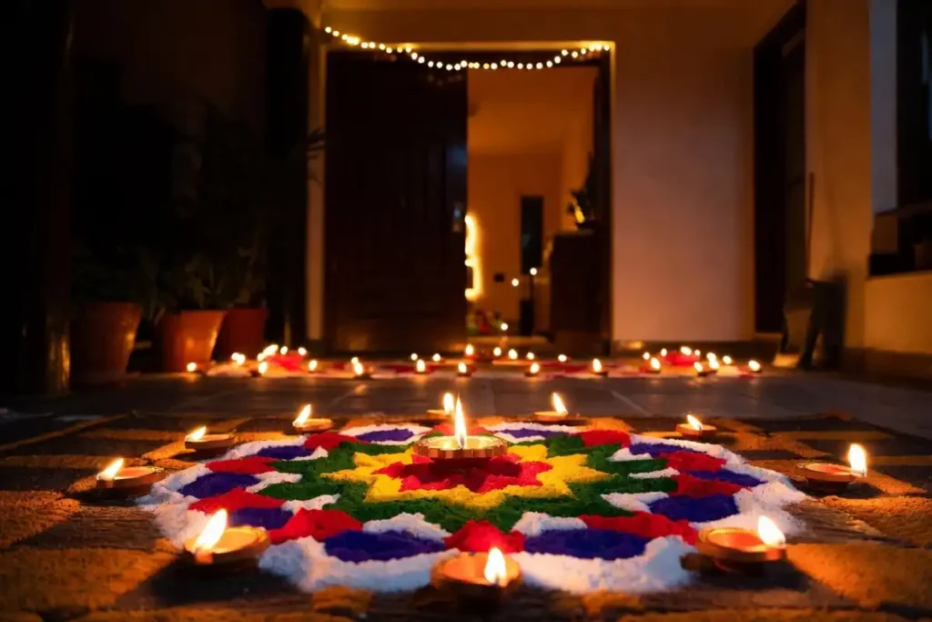 Beginner mandala rangoli framed by diyas for a Diwali festival entrance