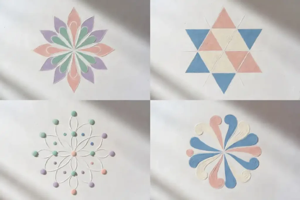 Four easy beginner mandala rangoli patterns shown side by side