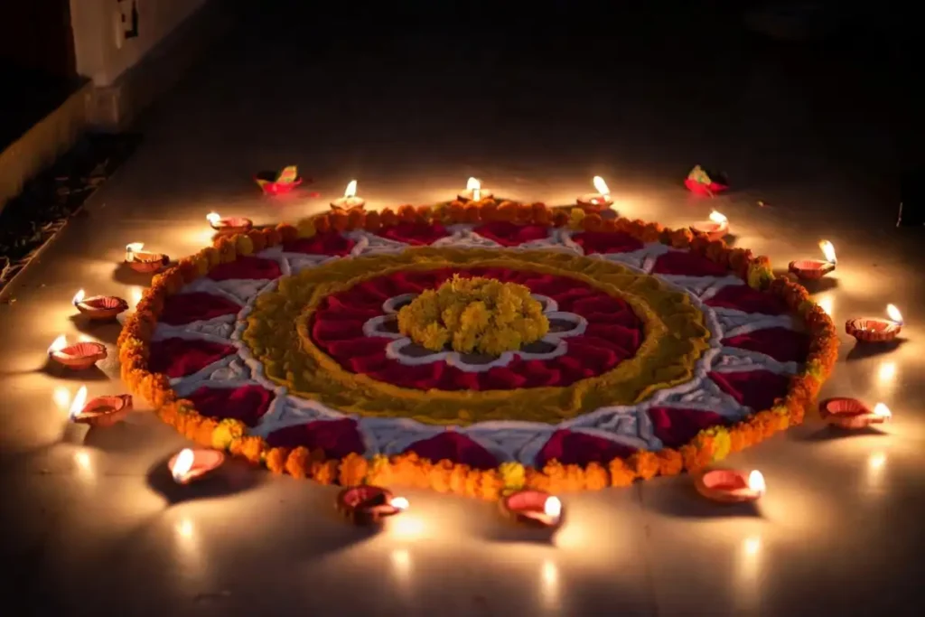 Colorful entrance rangoli with marigold flowers and diyas arranged for Diwali celebration