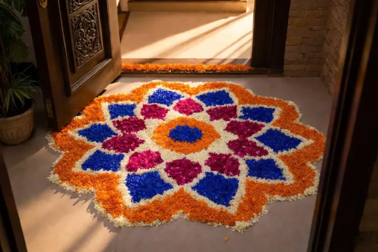 Vibrant colorful entrance rangoli design with floral patterns at a home's front door