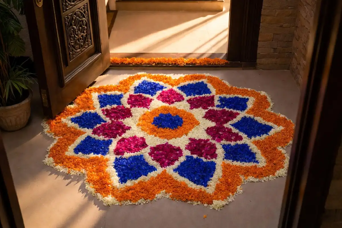 Vibrant colorful entrance rangoli design with floral patterns at a home's front door