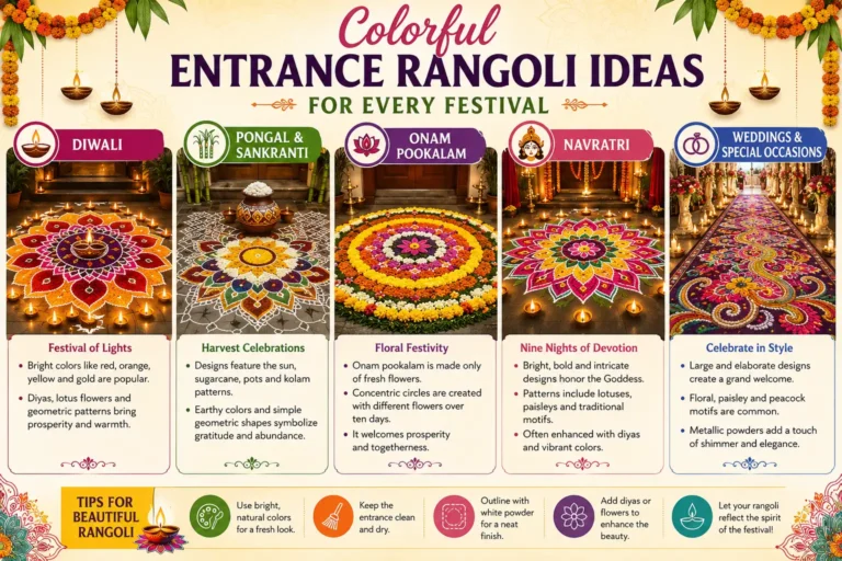 Colorful entrance rangoli ideas for Diwali, Pongal, Onam, Navratri, and weddings, shown in a festive modern infographic.