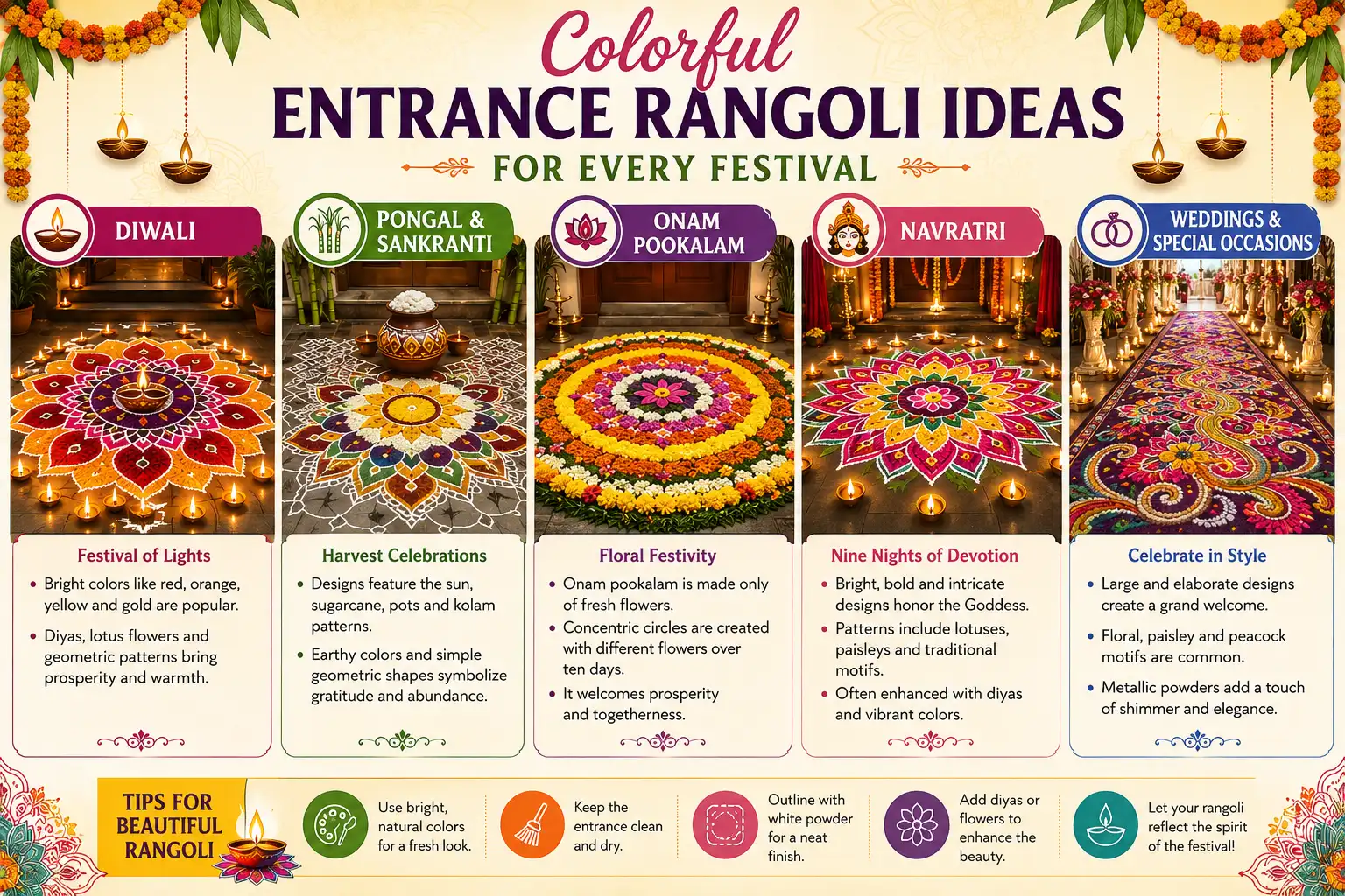 Colorful entrance rangoli ideas for Diwali, Pongal, Onam, Navratri, and weddings, shown in a festive modern infographic.