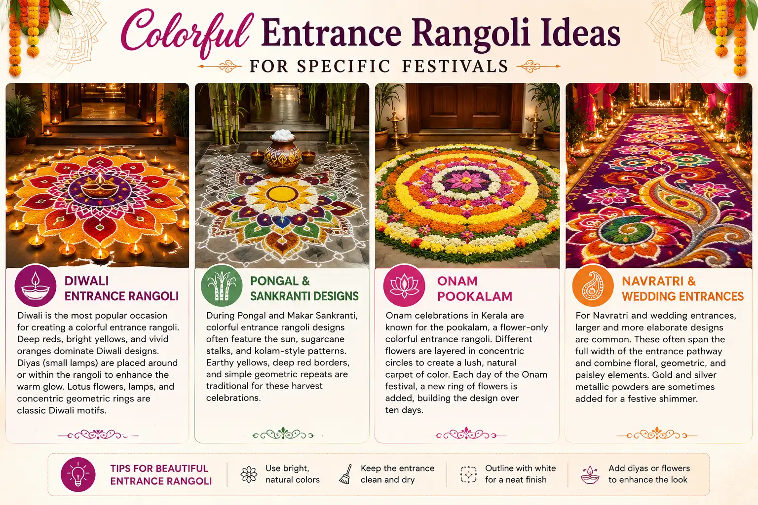 Colorful entrance rangoli ideas for Diwali, Pongal and Sankranti, Onam Pookalam, Navratri, and wedding celebrations